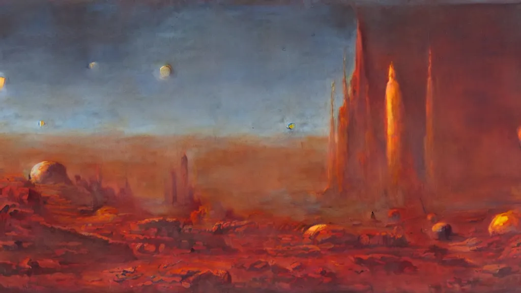 Prompt: mars colony by paul lehr and john schoenherr, cinematic matte painting