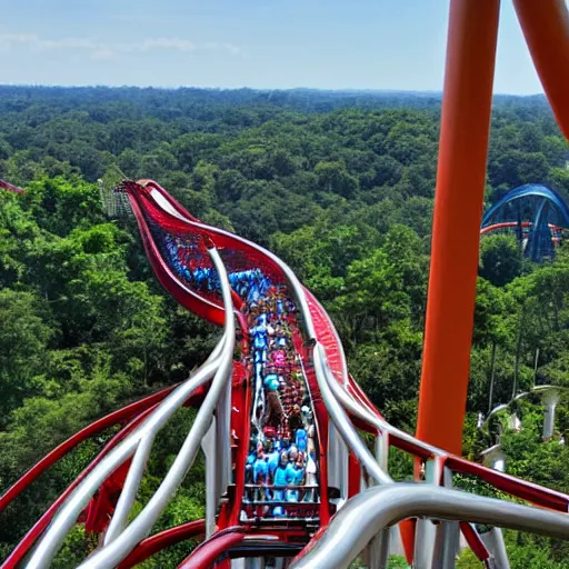 Image similar to at the peak of a rollercoaster track looking down at the drop, exhilarating, hands up in the air, beautiful horizon, theme park, Six Flags, sunny day