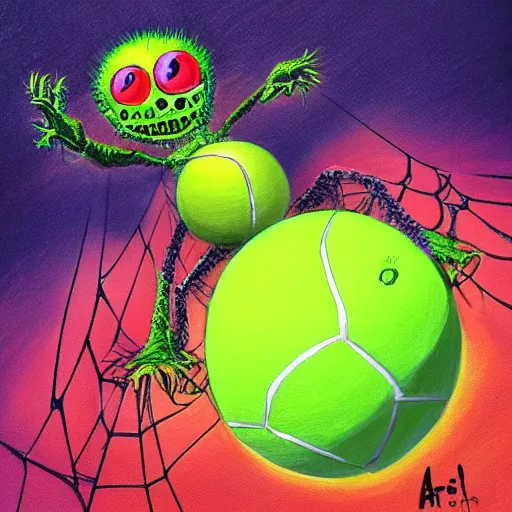 Image similar to a tennis ball monsters ,spider, colorful, digital art, fantasy, magic, trending on artstation, ultra detailed, professional illustration by Basil Gogos