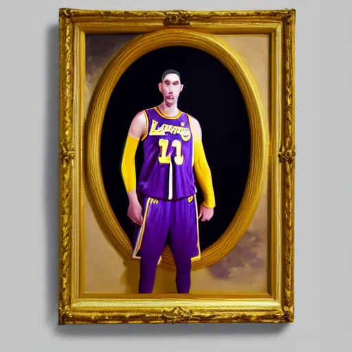 Prompt: official portrait of the los angeles lakers dictator, 1 7 8 0, in full lakers military garb. oil on canvas by william sidney mount, oil on canvas, octane render