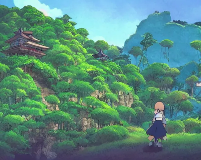 Image similar to mountain overseeing fantasy village next to a forest, studio ghibli style, hayao miyazaki