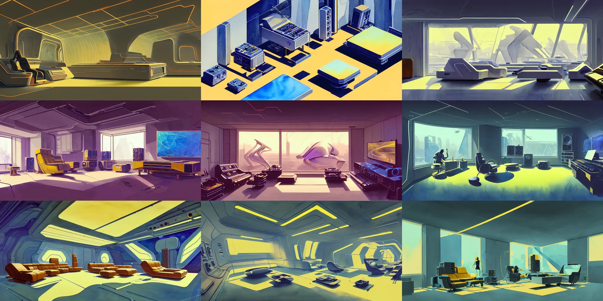 Prompt: a beautiful illustration of futuristic interior layout of modular synth, audio equipments, optical illusion, big medium small, golden ratio, in watercolor gouache detailed paintings, in style of syd mead, trending on artstation, 8 k, panel, hard surface, vent, zaha hadid, props, cozy, decoration, simon stalenhag, deus ex