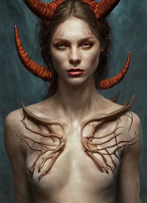 Image similar to half demon half human intricate skin scales costume, elegant, peaceful, full body, horns, hyper realistic, extremely detailed, dnd character art portrait, fantasy art, intricate fantasy painting, dramatic lighting, vivid colors, deviant art, artstation, by edgar maxence and caravaggio and michael whelan and delacroix.