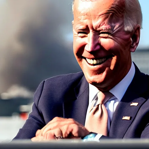 Prompt: Photograph of Joe Biden smiling with burning whitehouse in the background