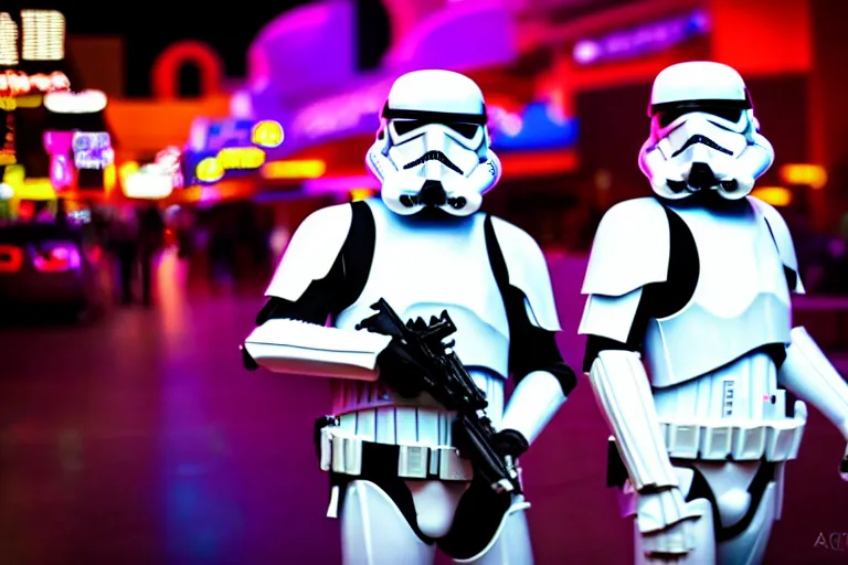 Prompt: a photo of two stormtroopers winning at slots in las vegas, ultra wide shot, 2 4 mm, bokeh, blurred background, colorful lights