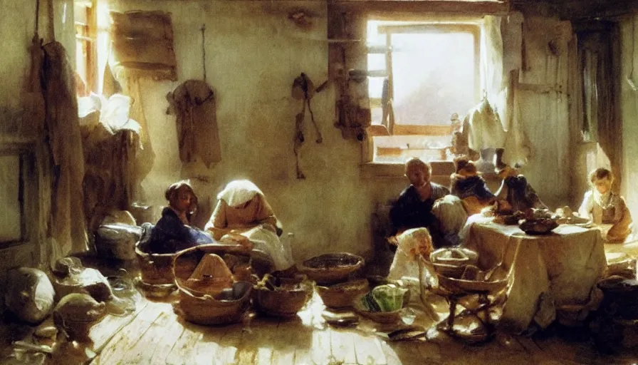 Image similar to simple villager family about to eat a meal together in their beautiful simple cottage home, art by anders zorn, wonderful masterpiece by greg rutkowski, beautiful cinematic light, american romanticism thomas lawrence, greg rutkowski