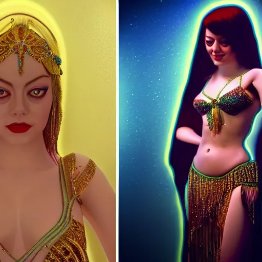 Image similar to a photorealistic portrait of actress emma stone dressed as a belly dancer, arabian night, volumetric lightening, octane render, high quality, fully detailed, 4 k, in focus sharp face with fine details, her hands by albrecht durer, inspired by belly dancer on youtube, alphonse mucha, masterpiece, stunning