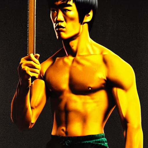 Image similar to kodak portra 4 0 0 photp of portrait of bruce lee, think different poster, highly detailed, symmetry, octane render