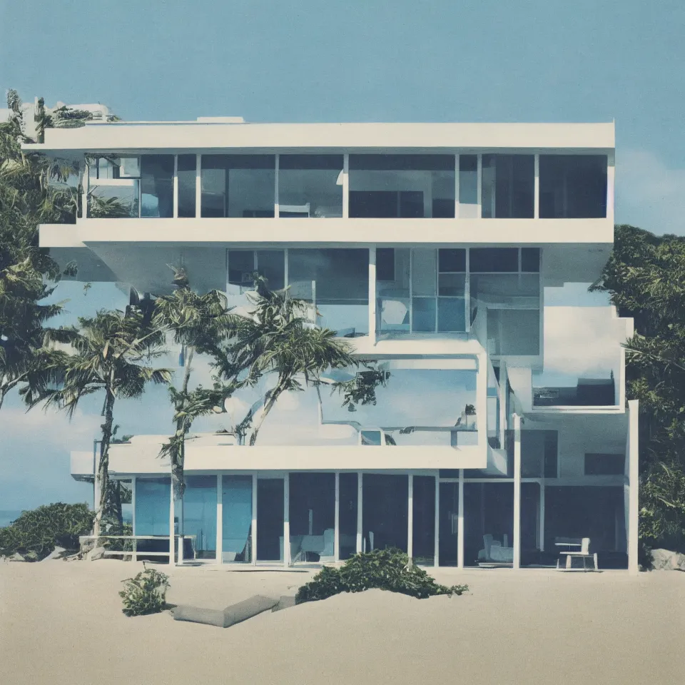 Image similar to architecture ad for a mid-century modern house on the beach, designed by Miles van der rohe. Film grain, cinematic, colorized, blue hue