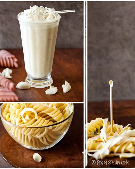 Image similar to a pasta milkshake, cookbook photo