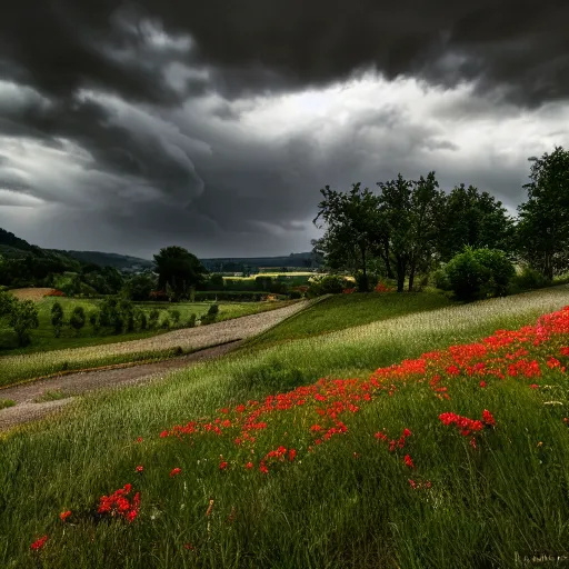 Prompt: dordogne typical landscape, hills in the background, summer, river, ultra detailed, ultra sharp, award winning. 8 k, flowers, trees, old house, thunderstorm and rain, very dark clouds. heavy rain, sunset, octane render.