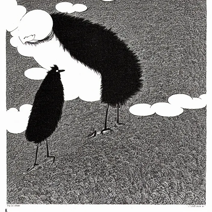 Image similar to a still frame from comic strip, black funny fluffy hairy bird 1 9 5 0, hasui kawase, herluf bidstrup, new yorker illustration, monochrome bw, lineart, manga, tadanori yokoo, simplified, isometric blueprint