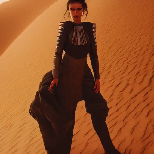 Image similar to Fashion photography of a woman wearing an outfit inspired by Dune (2021), artistic photography, cinematic lighting, insanely detailed, cinestill 800t, Vogue magazine