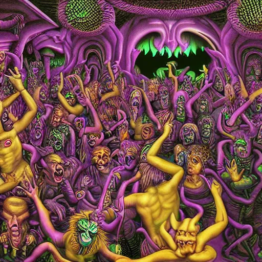 Image similar to digital painting of demons in rave party in hell by Chor Boogie, intricate details, ultra detailed, 4K, award-winning, touch of M. C. Escher