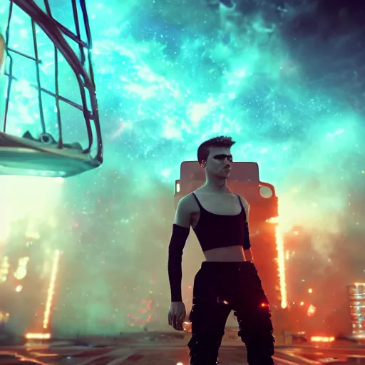 Prompt: A caucasian teenage boy wearing a black mesh crop top and black shorts standing in a mad max cage. The boy is surrounded by a colorful nebula. Cyberpunk, Digital Art, unreal engine 5, 50mm, f2.8