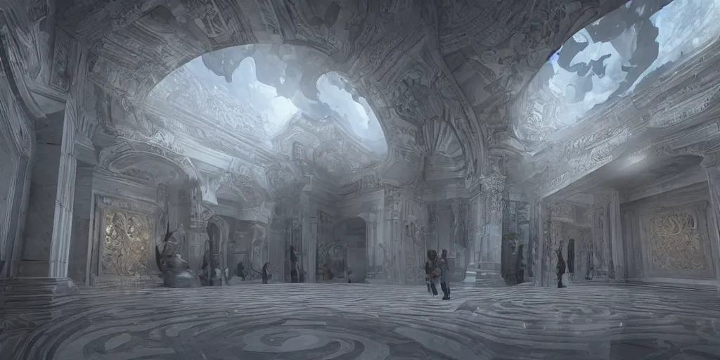 Prompt: the grand magical entrance, matte marble floors, art by kotaro chiba, volumetric lighting, epic composition