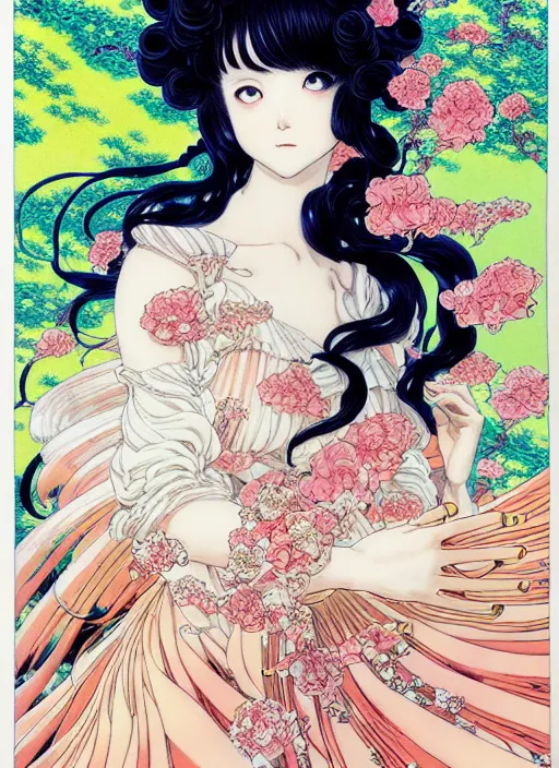 Prompt: exquisite imaginative manga poster of a fairy princess, long wavy hair, rococo ruffles dress, shimmering, by takato yamamoto, ayami kojima, shigenori soejima, minaba hideo, katsuhiro otomo, jump comics, illustration, artstation, highly detailed, 8 k, fluorescent, fluorescent, maximalist