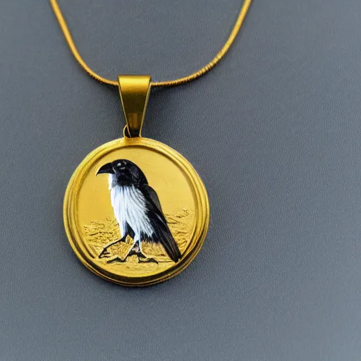 Prompt: a raven holding a gold pendant