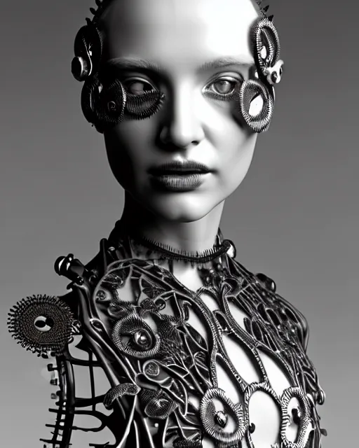 Image similar to monochrome 3 d model, 1 8 7 0 picture, silver mesh floral steampunk biomechanical beautiful young female cyborg with porcelain profile face and a techno eye, volumetric light, leaves foliage and stems, hibiscus flowers, sinuous fine roots, fine foliage lace, alexander mcqueen, rim light, big gothic fashion pearl embroidered collar, octane render, 8 k