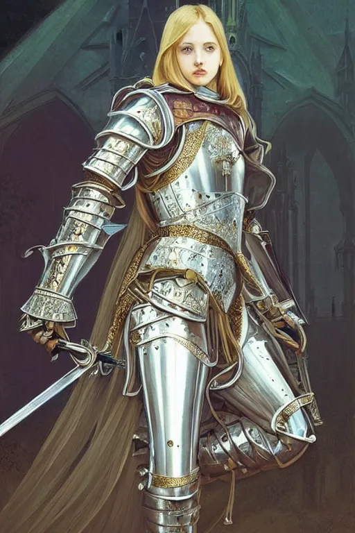 Image similar to beautiful luxury and holy and victorian and divine young female medieval white armor knight portrait like lisa blackpink+shinny eyes+front face with light flowing hair, ultradetail face, ruined gothic cathedral, art and illustration by tian zi and craig mullins and WLOP and alphonse mucha, ssci-fi, fantasy, intricate complexity, human structure, hypermaximalist, fantasy character concept, dynamic lighting, neon light, watermark, blurry, hyperrealism 8k