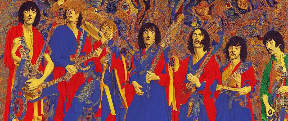 Image similar to a breath - taking jean giraud work of art of the beatles in the style of a renaissance masters portrait, mystical and new age symbolism and tibetan book of the dead imagery, intricately detailed, 4 k