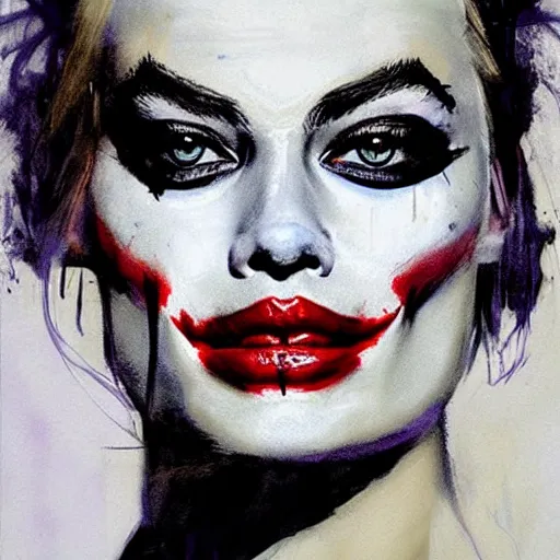 Image similar to portrait of margot robbie with light joker make up, artwork by guy denning and charlie bowater,