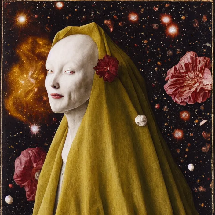 Image similar to a veiled woman with crying flowers in a nebula, by Jan van Eyck