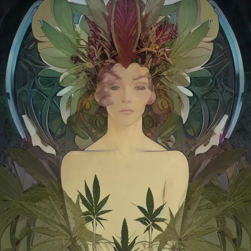 Image similar to a cannabis plant, bio vegetal concept art, by Peter Mohrbacher and Alphonse Mucha, chess, amazonia, detailed, style, 8k, trending on artstation, unreal engine 4k, detailed, clean background trending, full shot, symmetrical portrait, sophisticated, Unreal engine, dystopia, anti-utopia, post processing, psychadelic