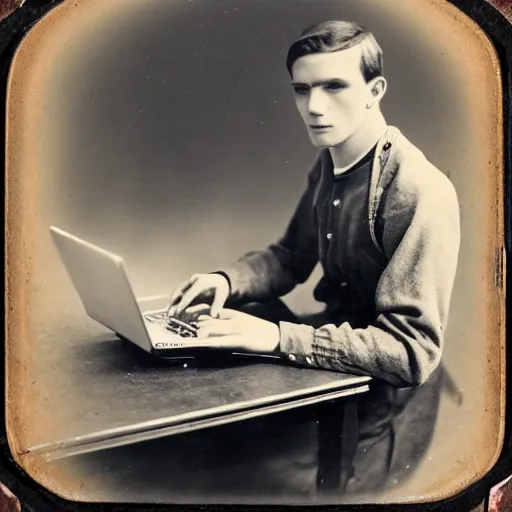 Image similar to Young man in 1910 working on a laptop, daguerreotype photo, HD