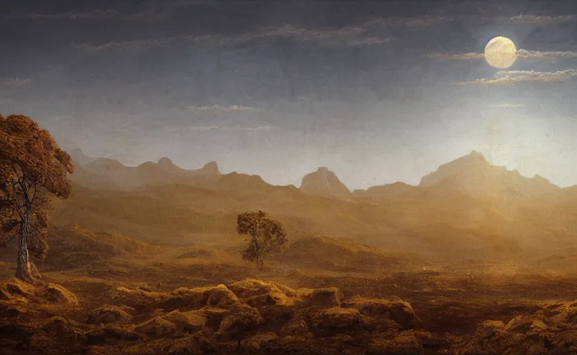 Prompt: barren wasteland in a field, some trees, close up shot, rocky, at dusk, distant mountains, 4k, rule of thirds, extreme detail, hazy, intricate ink illustration, surreal, surrealist, trending on artstation, cgsociety, hd, calm, complimentary colours, realistic lighting, by Albert Bierstadt, Frederic Edwin Church.