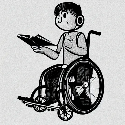 Prompt: storybook illustration of a gaming wheelchair, storybook illustration, monochromatic