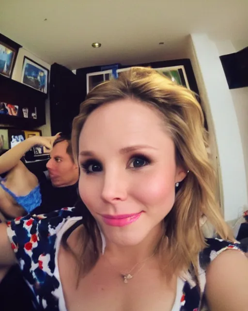 Prompt: gopro footage, first person view photograph i took of my sexy date with kristen bell, my pov, in my bedroom