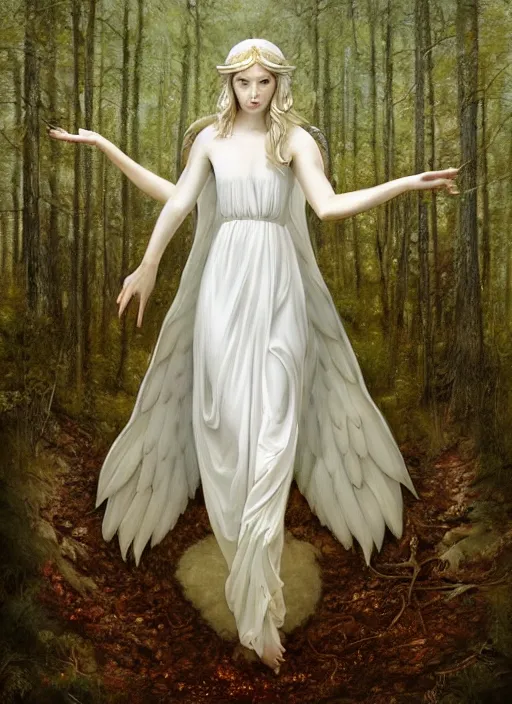 Image similar to a beautiful portrait painting of a biblical angel in white dress in a forest, inspired by thomas eakes & xiang duan, symmetry, magic realism, post - processing, extremely hyper - detailed, intricate, soft - lighting, lifelike attributes, masterpiece'