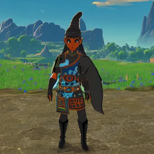 Prompt: a humanoid black goat wizard in breath of the wild, screenshot