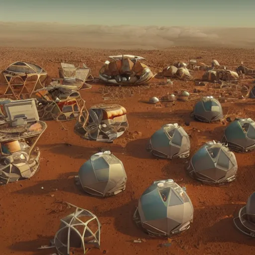 Image similar to artstation concept art of mars colony with geodesic buildings and small dust clouds, aerial view, highly detailed, digital art, artgem, beeple,