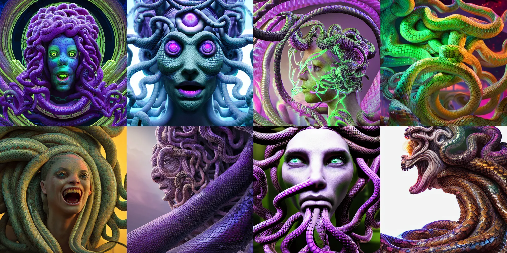 Prompt: beautiful medusa gorgon head highly detailed snakes, cosmic horror, ghostly, arcade, duotone, poltergeist, epic lighting, intricate, elegant, smooth, sharp focus, photo real, ultra realistic, unreal engine 5, raytracing, in the style of beeple and mike winkelmann, ultraviolet colors,