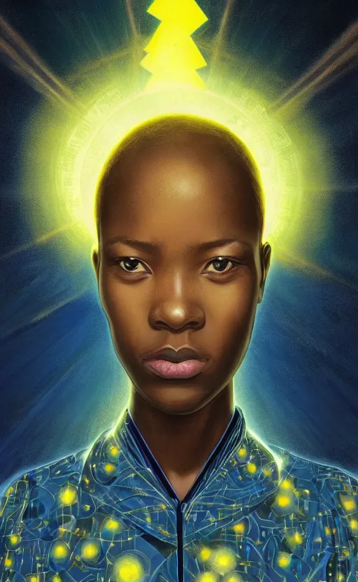 Image similar to upper half portrait of an african in yellow cape - inside a group of clouds - surrounded by bolts of lightning with rays of light emanating from clouds - in drew struzan movie poster style, art by drew struzan & hsiao - ron cheng, highly detailed, digital painting, ray tracing, illustration, smooth, sharp focus, intricate, symmetry, artstation,