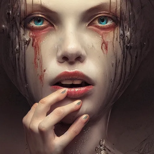 Prompt: upside down portrait of a woman, sad, cry, gloomy, blood, fire, intricate, elegant, highly detailed, digital painting, artstation, concept art, matte, sharp focus, illustration, octane render, unreal engine, art by aenaluck and roberto ferri and greg rutkowski, epic fantasy, digital painting