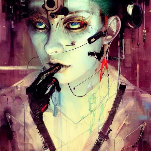 Image similar to female cyberpunk hacker dream thief, wires cybernetic implants, in the style of adrian ghenie, esao andrews, jenny saville,, surrealism, dark art by james jean, takato yamamoto