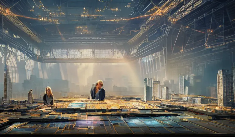 Prompt: group of people in simple warehouse, looking at hologram of futuristic metropolis on a table, cinematic concept art, godrays, golden hour, natural sunlight, 4 k, clear details, tabletop model buildings, center model buildings, hologram center, crane shot, crane shot, crane shot