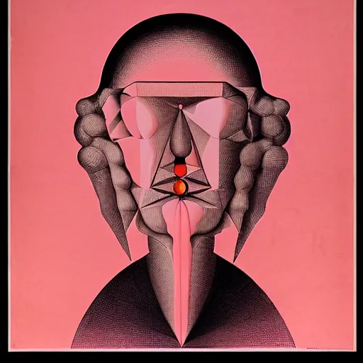 Image similar to pink and orange lithography on paper conceptual figurative ( post - morden ) monumental dynamic portrait drawn by ( ( ( william blake ) ) ) and goya and hogarth, inspired by escher, illusion surreal art, highly conceptual figurative art, intricate detailed illustration, controversial poster art, polish poster art, geometrical drawings, no blur