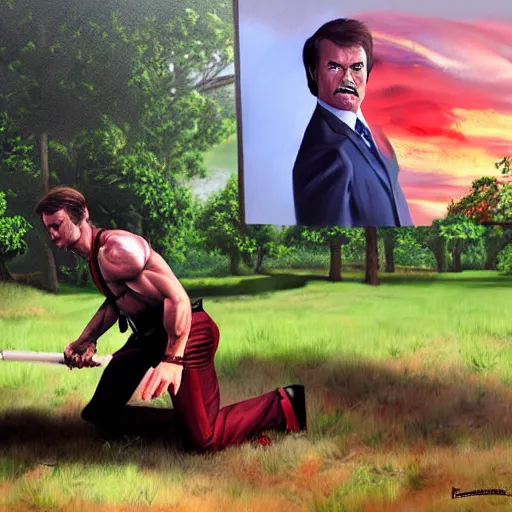 Image similar to ron burgandy as rambo in a park, hyperrealistic, hyperdetailed, political cartoon, concept art, oil painting