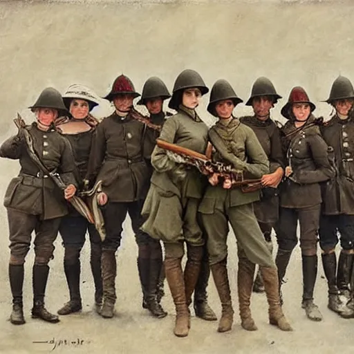 Prompt: action heroine posing with her ww 1 warband by alfred stevens