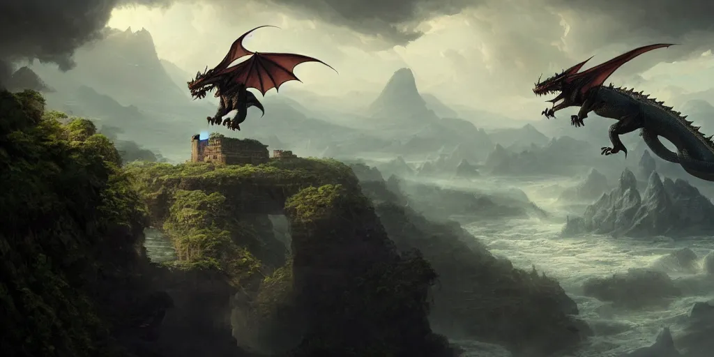 Image similar to a dragon hovers above a river with a lost city on a cliff in the distance, 4 k resolution, ultra detailed, matte oil painting, mysterious, wallpaper, art by greg rutkowski