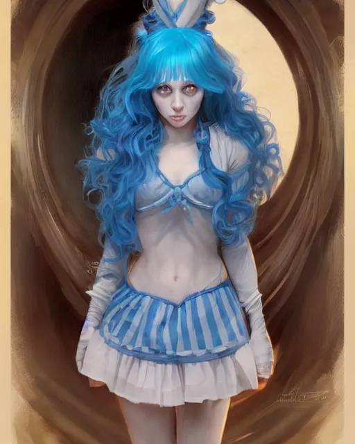 Prompt: symmetrical portrait of a pretty girl with blue hair dressed as alice in wonderland, digital painting, 8 k, concept art, art by wlop, artgerm, greg rutkowski and alphonse mucha