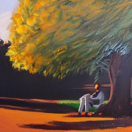 Image similar to painting of a peaceful man relaxing under a tree by David Normal, David Normal, acrylic art, calm, soothing, cosy, elegant, soft light,