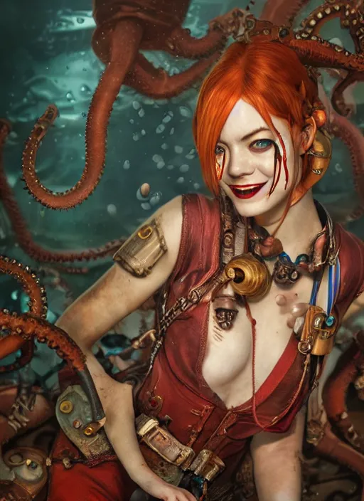 Image similar to underwater steampunk portrait of emma stone as harley quinn, octopus, hyper detailed, digital art, cinematic lighting, studio quality, smooth render, unreal engine 5, octane rendered, art style by klimt and nixeu and ian sprigger and krenz cushart.