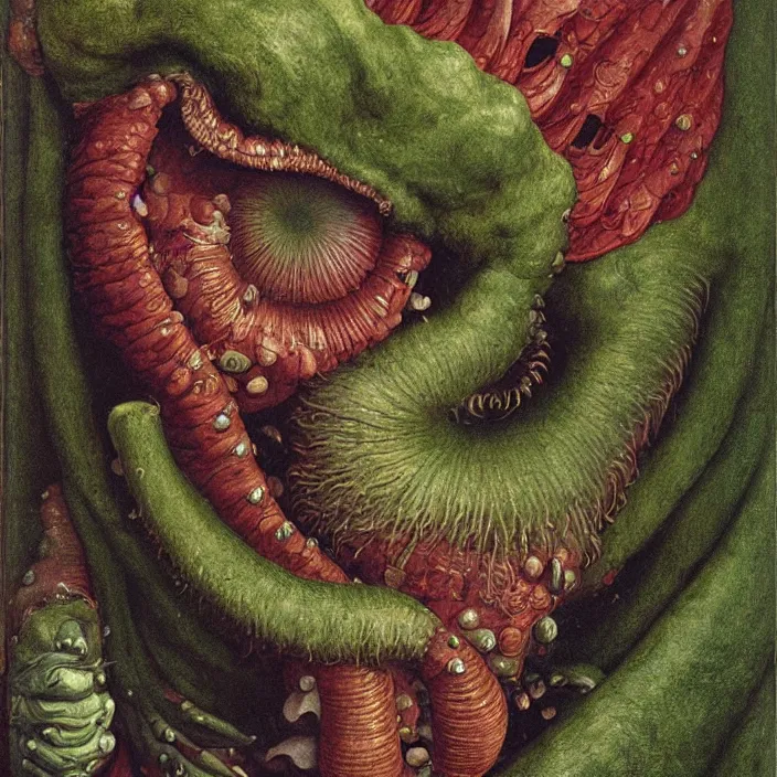 Image similar to close up portrait of a mutant monster creature with face in the shape of a colorful exotic carnivorous plant, snail - like protruding eyes. by jan van eyck, walton ford