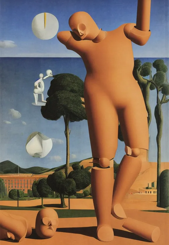 Prompt: [Poster!! of a crash test dummy in a stunning landscape by Giorgio de Chirico, Rene Magritte, George Tooker, Titian]