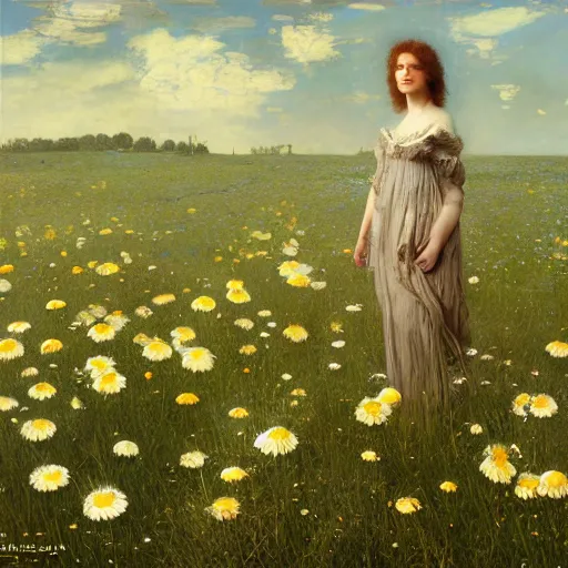 Prompt: a tiny chamomile in the meadow | highly detailed oil painting, hyperrealistic, very intrincate | cinematic lighting, award - winning | by roberto ferri, gustav klimt, william waterhouse and tom bagshaw | by austin osman spare and william blake, trending on artstation, cgsociety, official art, octane.